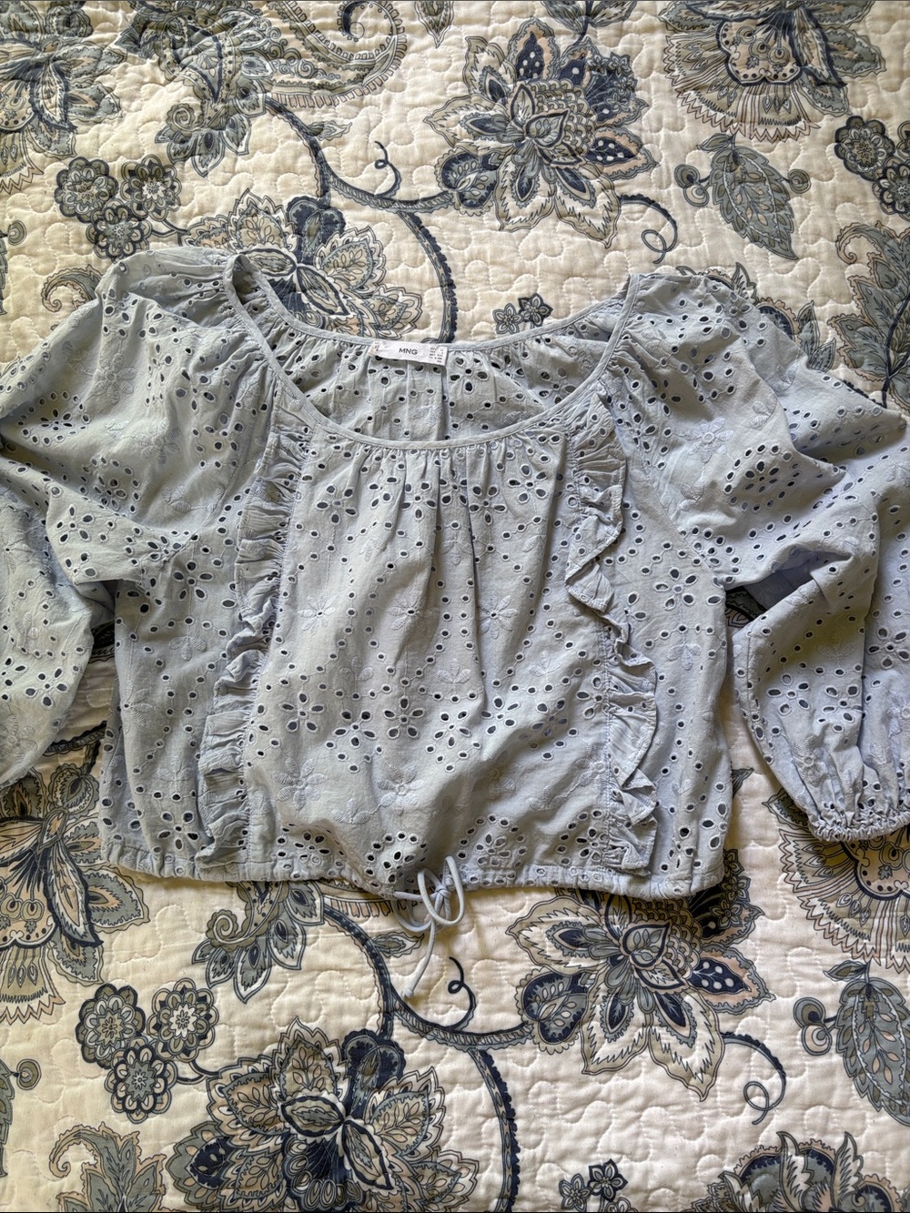 Mango baby blue Eyelet Ruffle Peasant Top- small